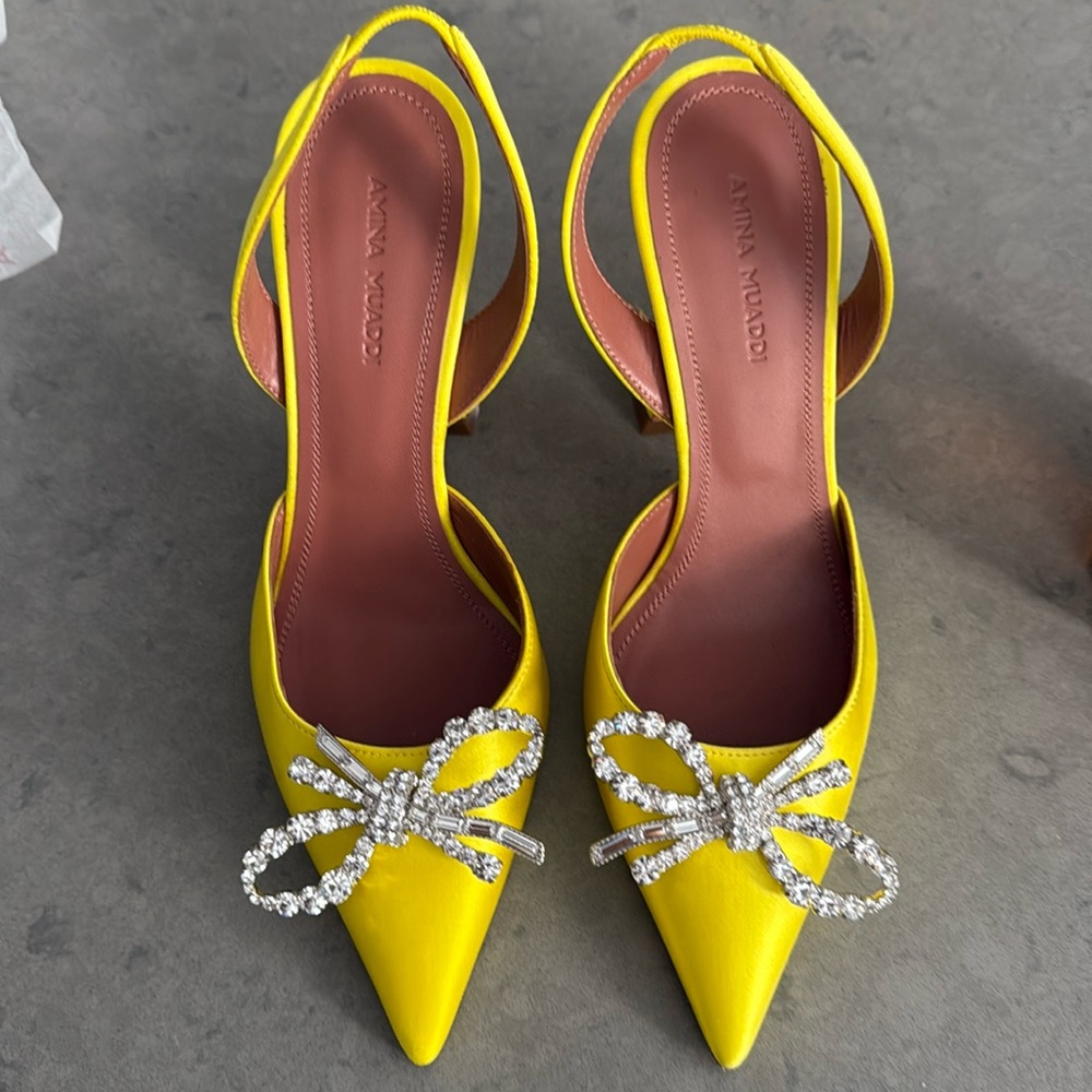 Amina Muaddi Yellow Satin Rosie Slingback Heels 95mm - Picture 5 of 11